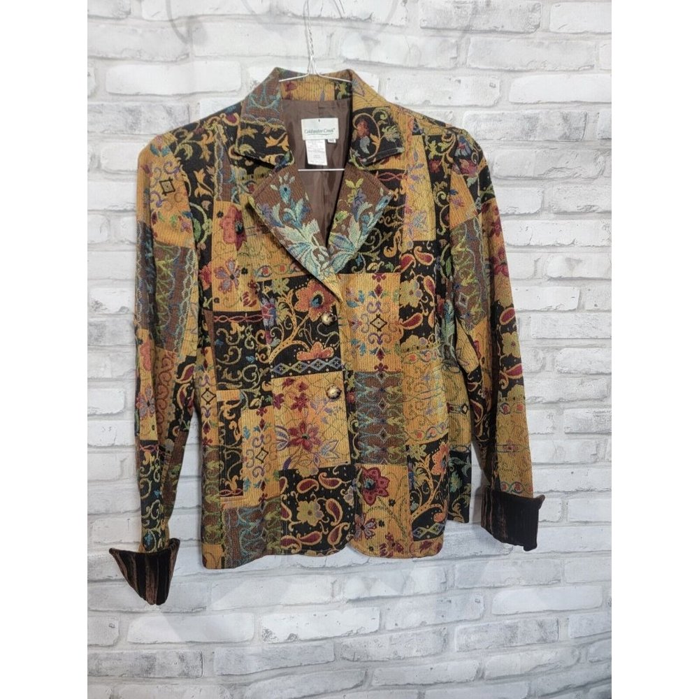 Coldwater Creek PMD Autumn Color Tapestry Brown Velvet Cuff 2 Button Blazer